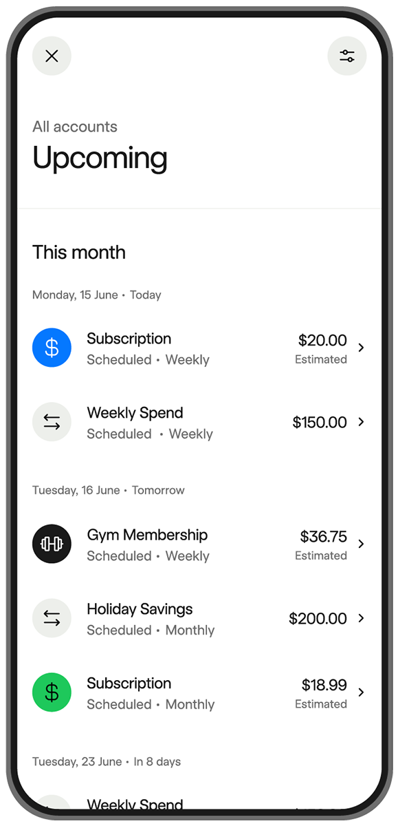 Screenshot of Bankwest App showing the upcoming payments